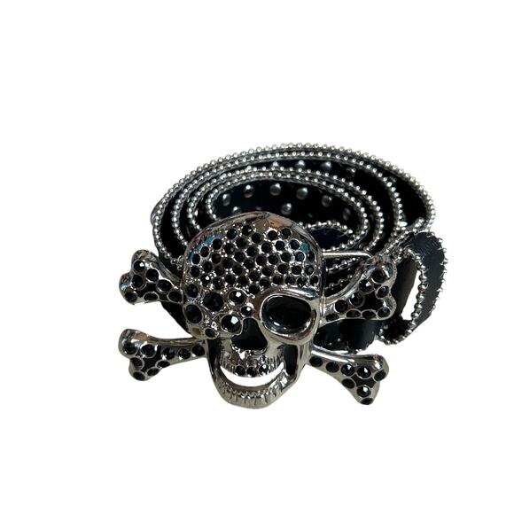 Pirate Belt Silver Rhinestone Skull Black Leather Glam Rock Goth Y2K Punk Grunge main image 6